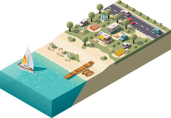 isometric campsite with boat and recreational vehicles