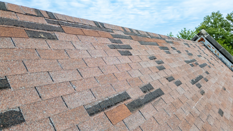 7 Tips for Identifying Asphalt Shingle Damage Missing shingles on an asphalt roof.