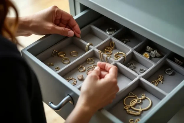 home-inventory woman surveying jewelry in jewelry case